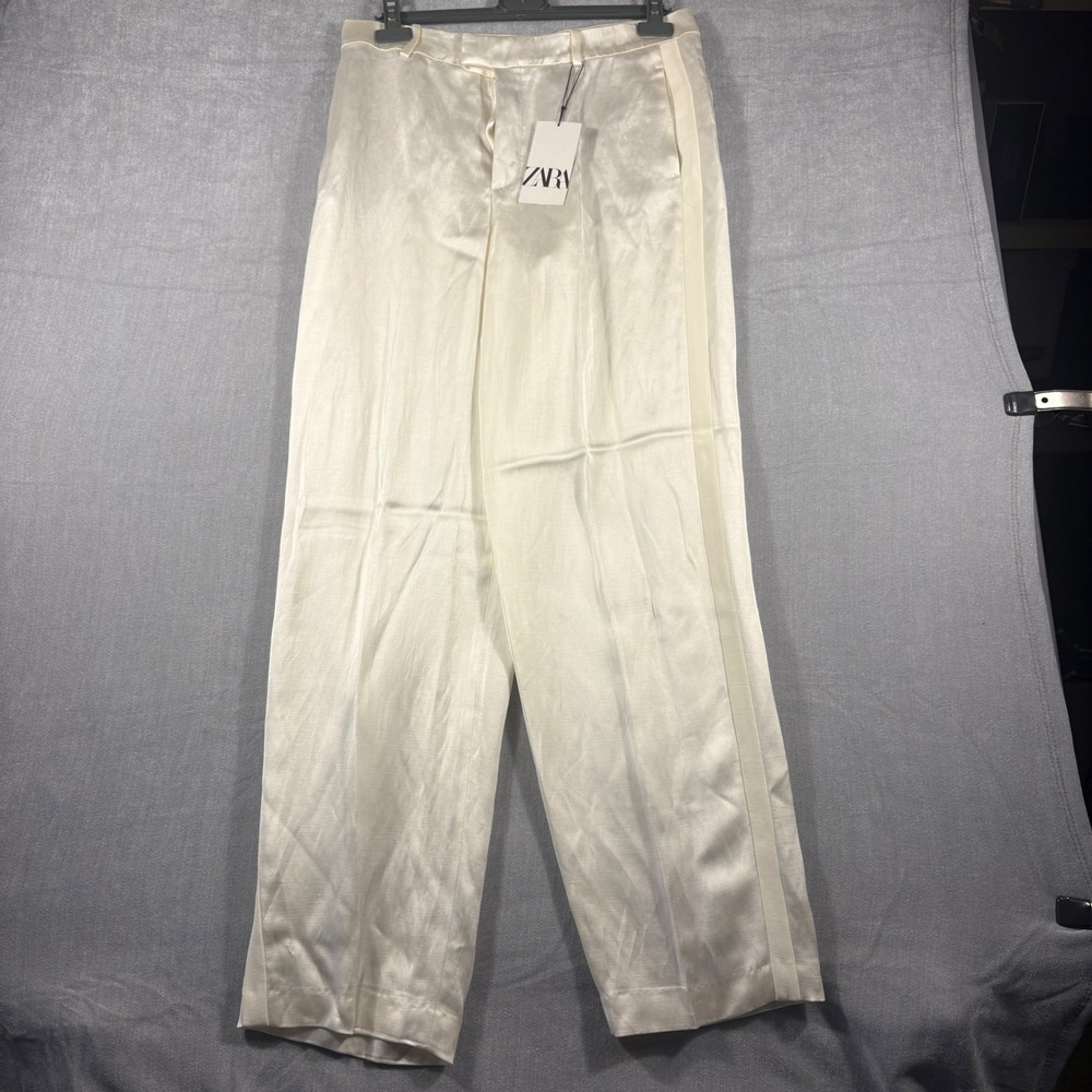 Zara Womens Cream Satin Wide Leg Tuxedo Pants Side Stripe Size L 2665/451/251